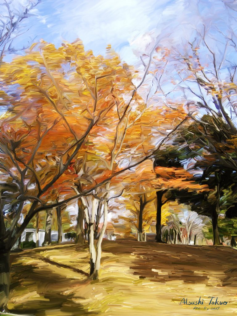 北柏ふるさと公園の紅葉が輝いて見えました。油絵で描き留めました。